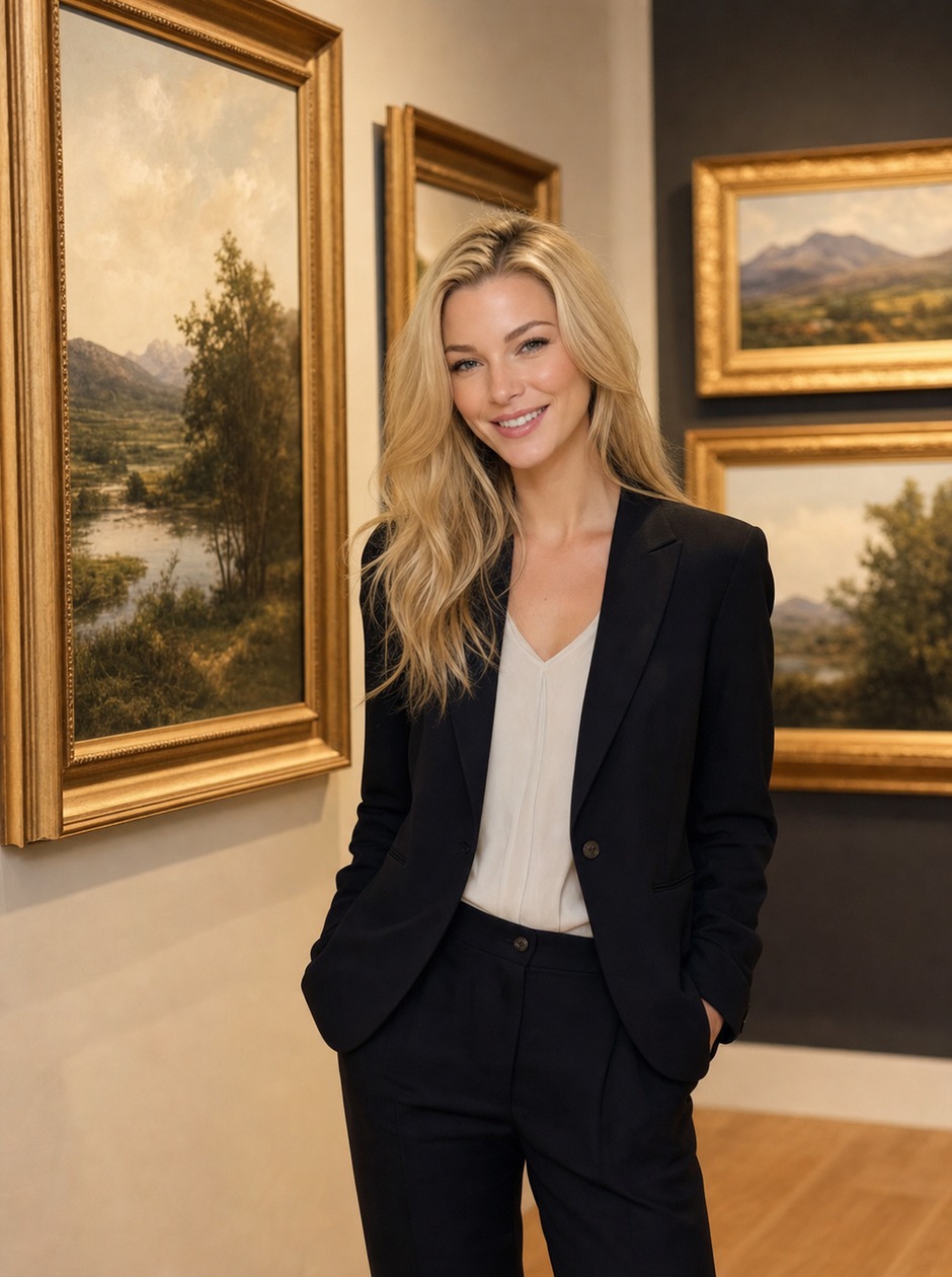 Nicole Junkerman pausing beside framed landscape paintings in a quiet gallery
