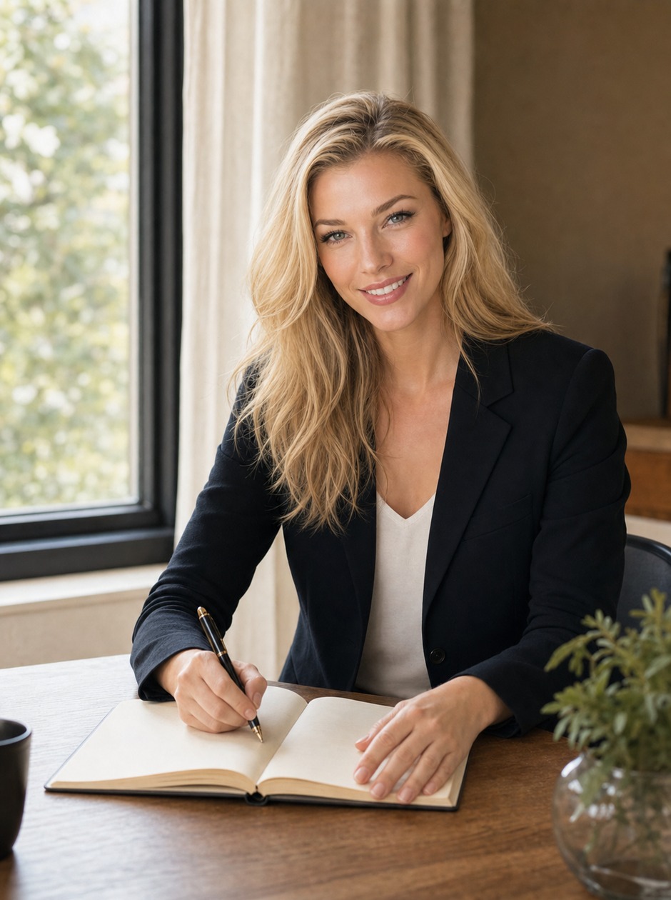 Nicole Junkerman writing in a notebook at a wooden table