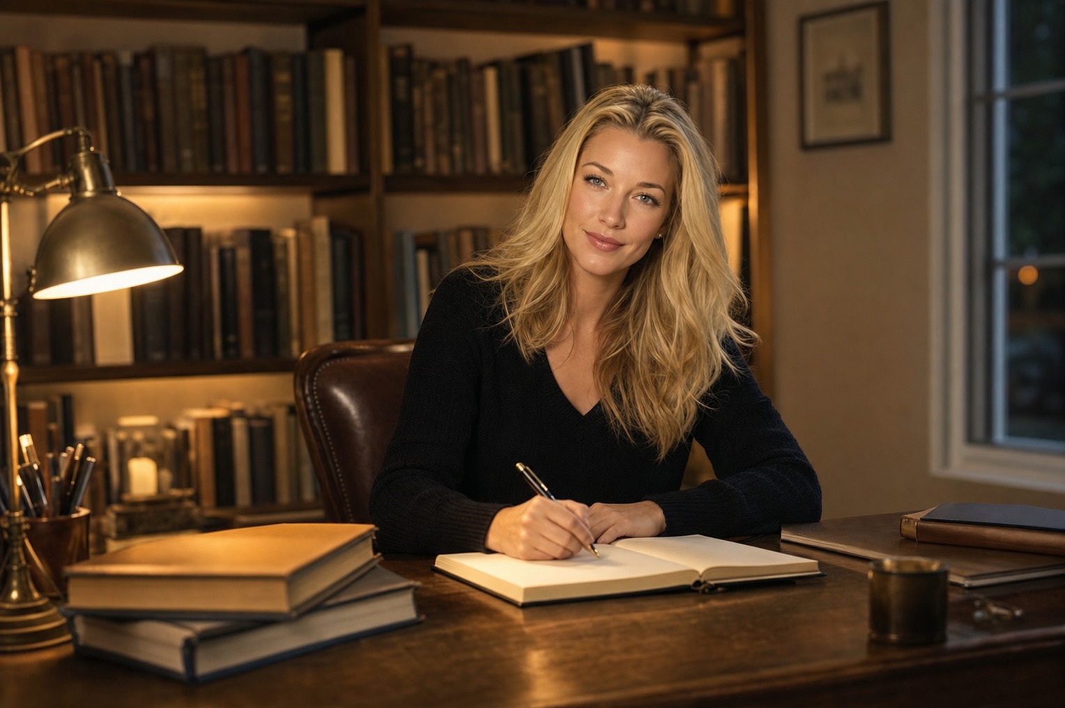 Nicole Junkerman writing at a lamplit desk lined with books