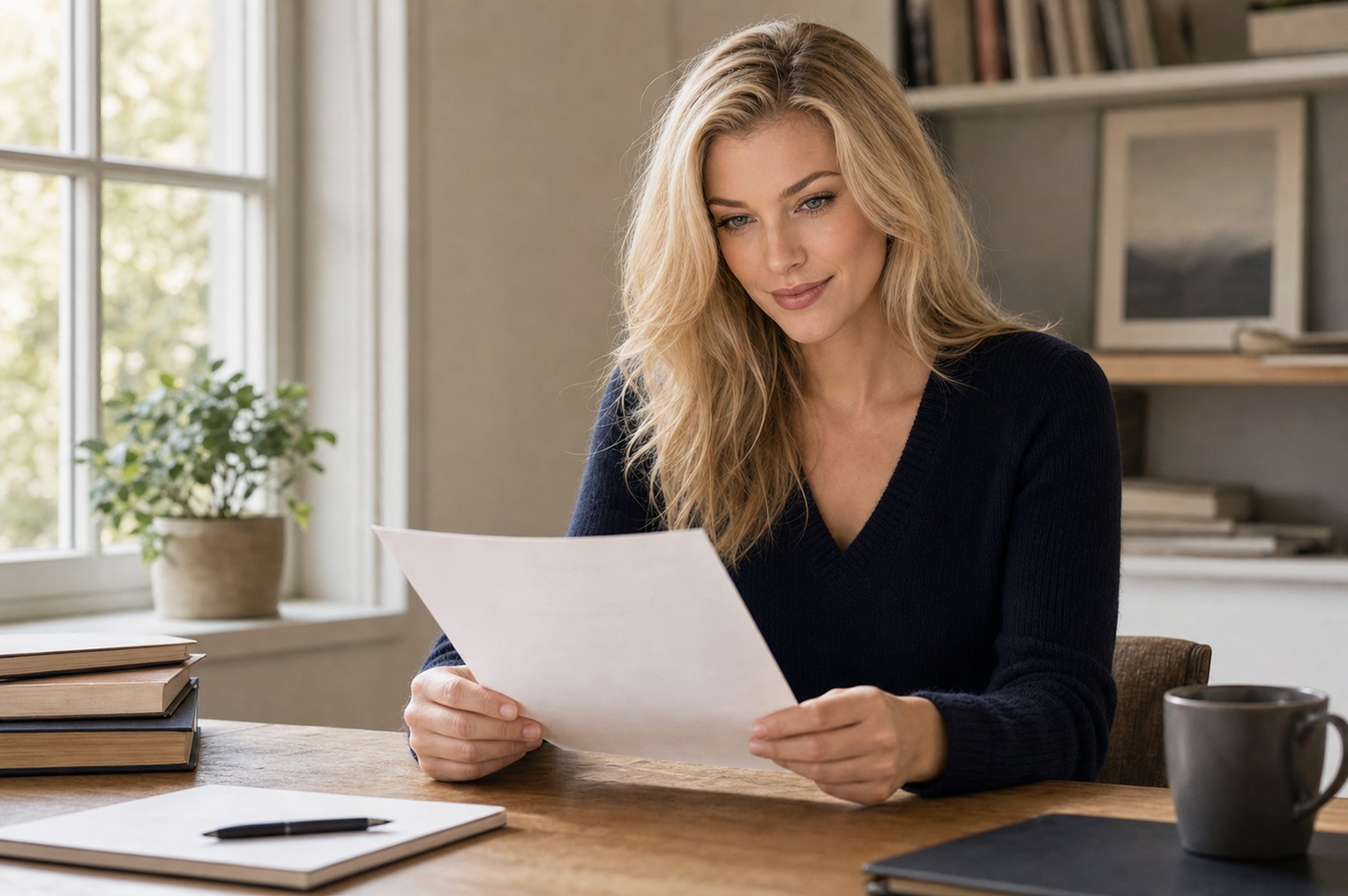 Nicole Junkerman reading a printed page at a calm study desk